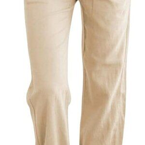 Khaki Women's High Waist Linen Pants - Drawstring Loose Fit Summer Trousers